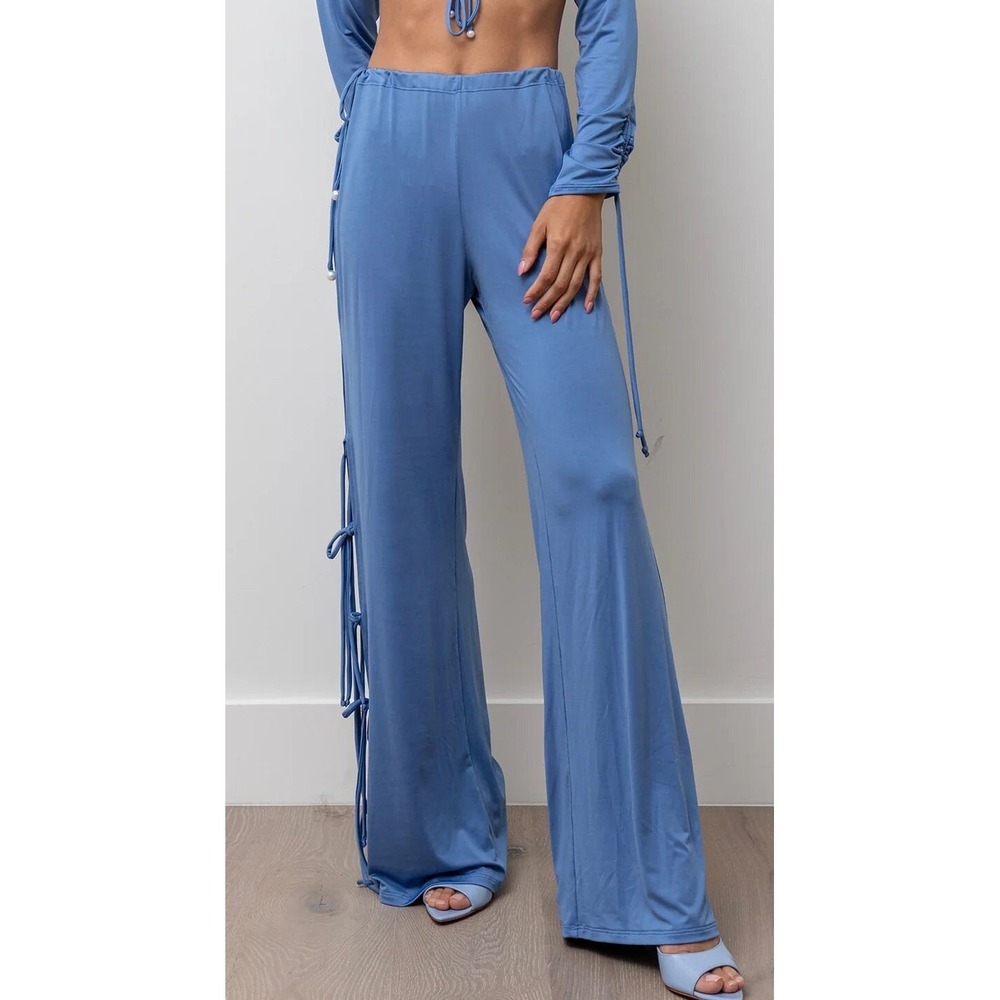 Kimberly Taylor Isabella Flare Pants - Side Drawstring Pearl Accent - Azure - XS
